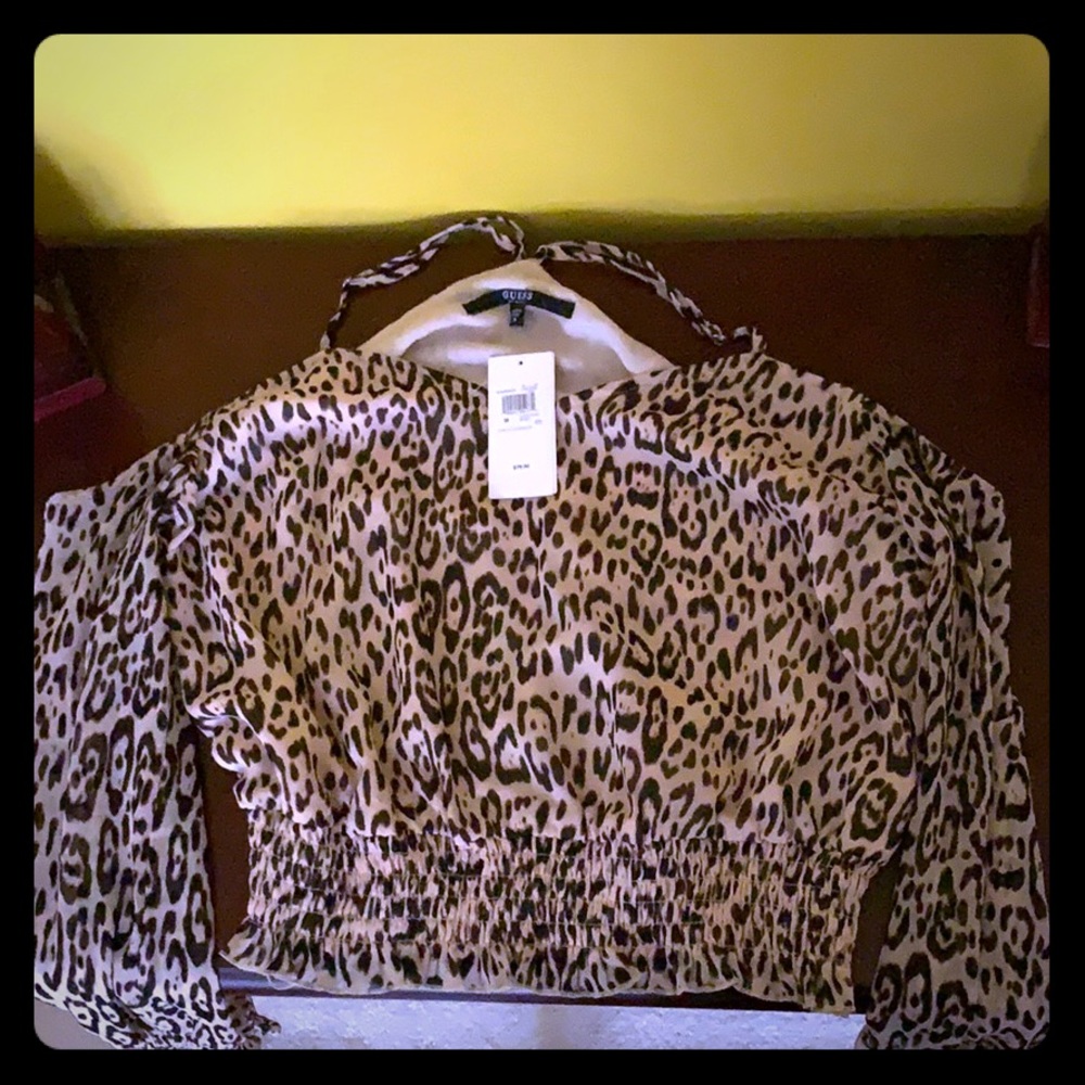 GUESS Leopard Print Cold Shoulder Top